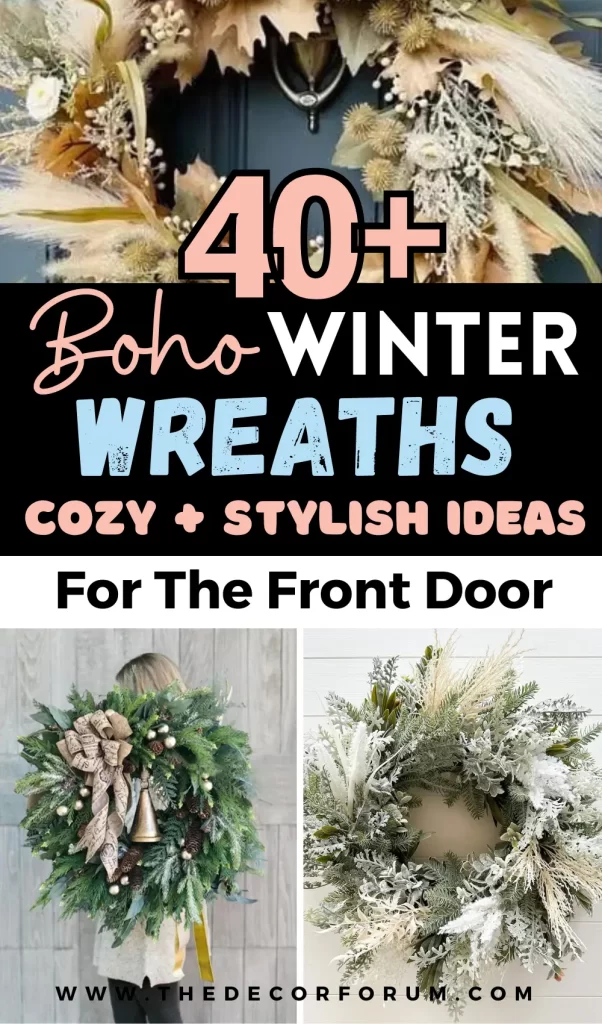 Beautiful boho winter wreath for front door – cozy and stylish decor for a welcoming entryway.