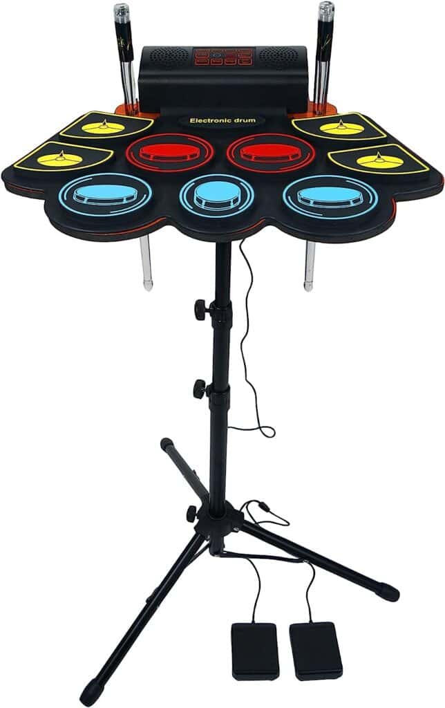 Roll-up drum set with stand, light-up drumsticks, maple drumsticks, double pedal, and charger. Features built-in rechargeable battery, dual speakers, and line-in external stereo sound source input. Drum Team offers 5 different types of drum kits