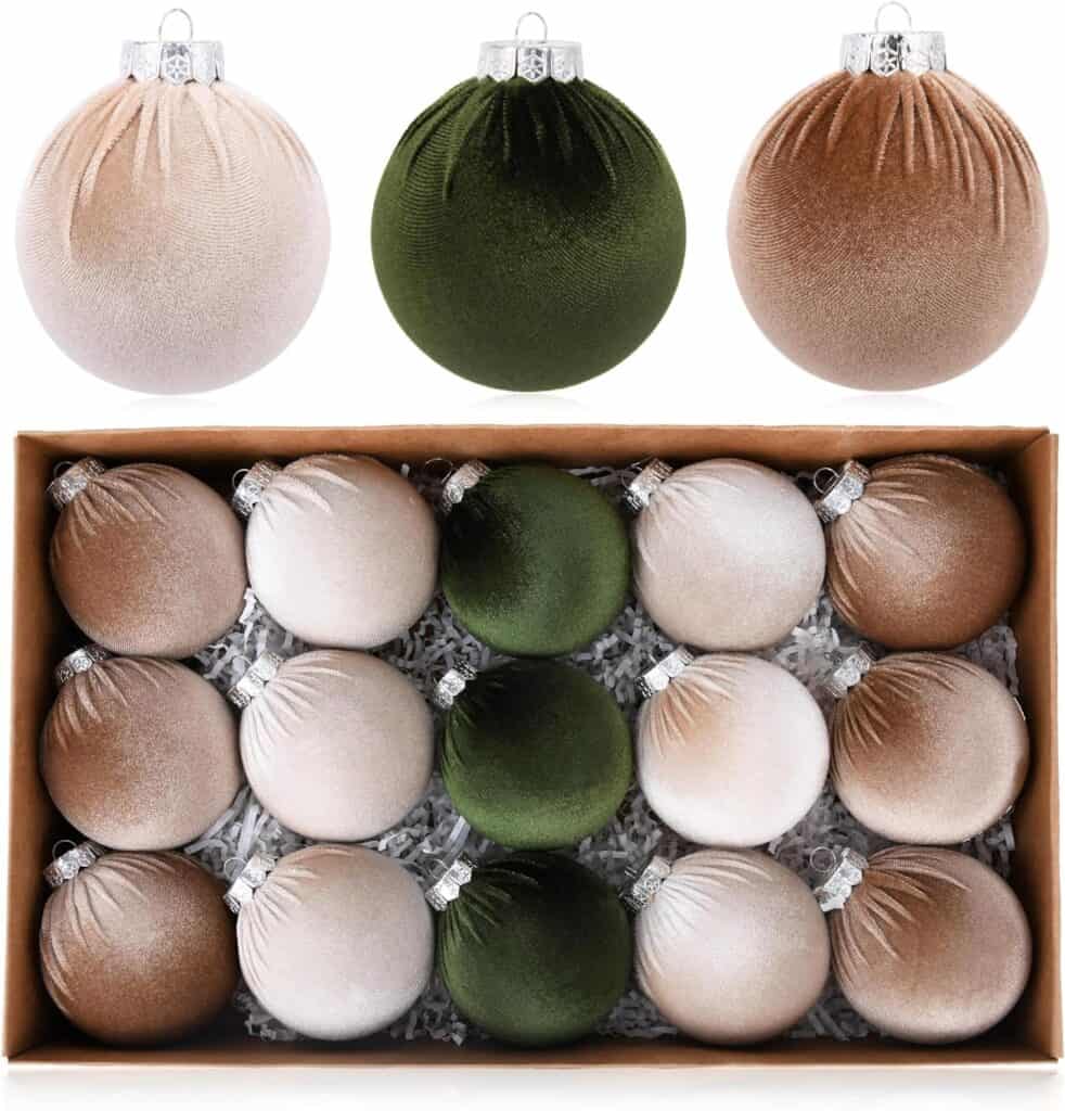 rouched light taupe cream and forest green velvet christmas balls