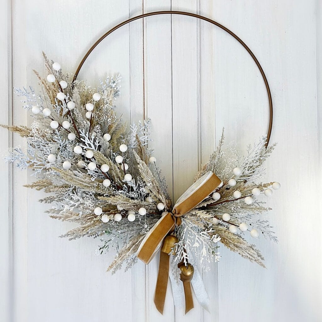 neutral modern gold hoop wreath with velvet bow