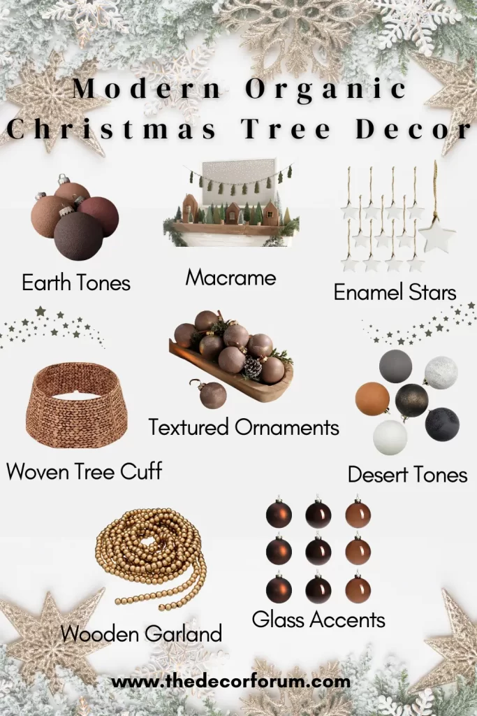 Modern organic christmas tree decor featuring glass elements, wooden garland, textured ornaments, marble ornaments, glass and copper stars, and more