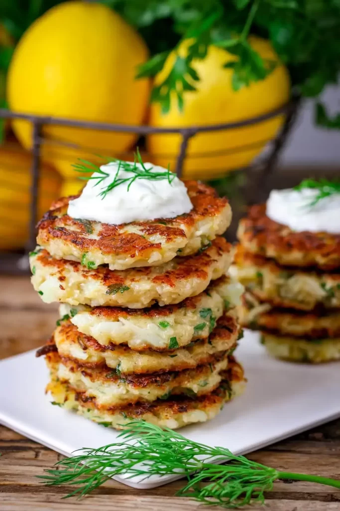 Cauliflower fritters with tzatziki sauce on top