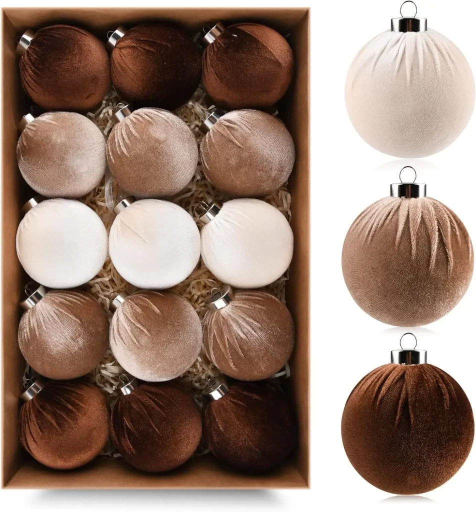 Modern organic brown and cream velvet ornament set