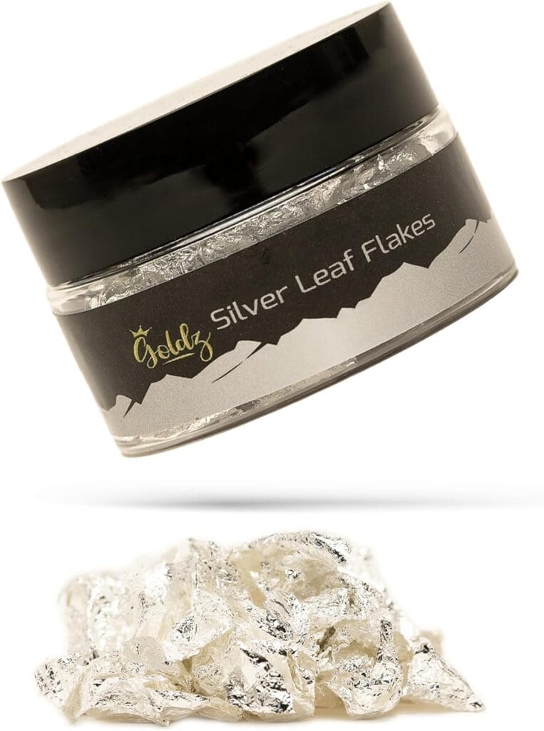 Edible silver leaf flakes for garnish available on Amazon