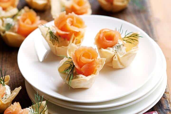 3 Smoked salmon rosettes on a plate