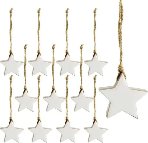 Wood and enamel star ornaments with gold accents for modern organic farmhouse Christmas tree decor