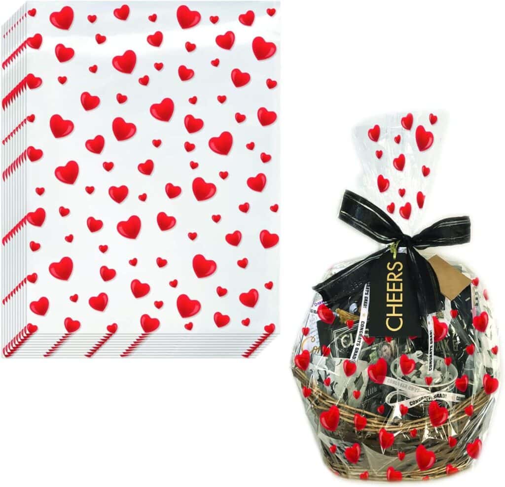 heart cellophane to wrap around gift basket presentation