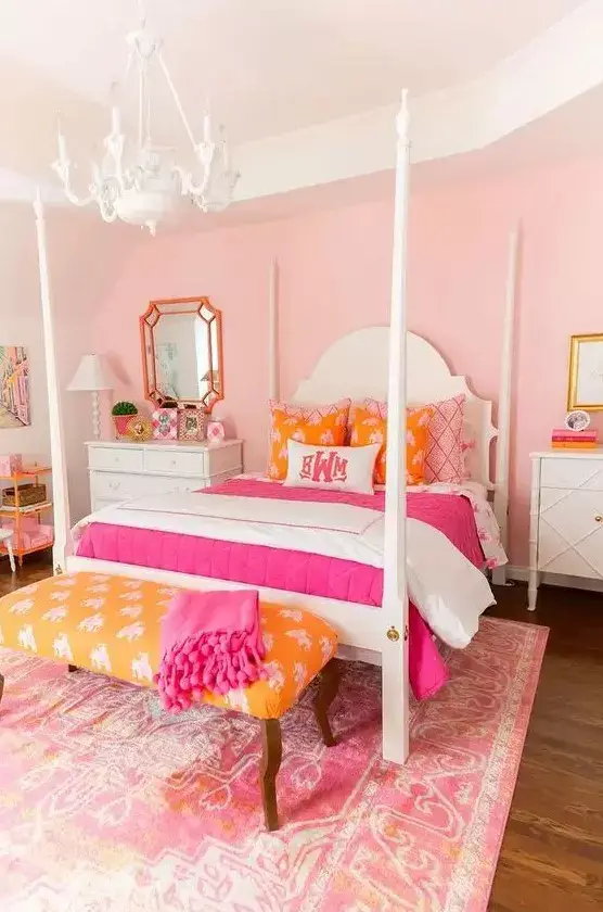 White bed and bedding with bright colorful accents to add brightness while also bringing harmony to the space, for example: White duvet with bright pink quilt and peach throw pillows