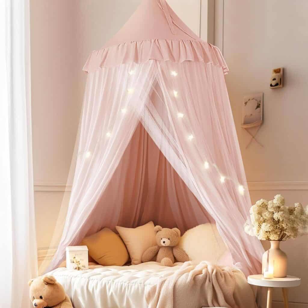 Canopy bed with lights for girls' room that will transform her space into a beautiful calming environment fit for a princess