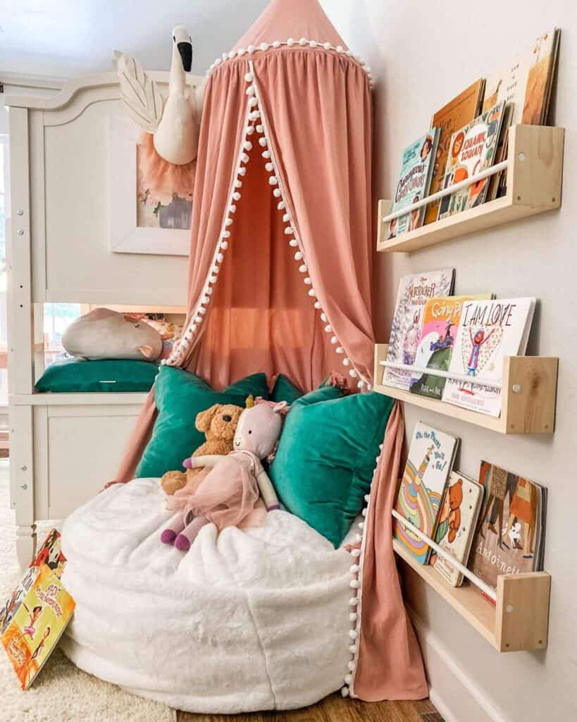 A reading nook is a wonderful idea when upgrading your child's bedroom. Hang a beautiful canopy with a bean bag chair beneath it to create a cozy little book nook.