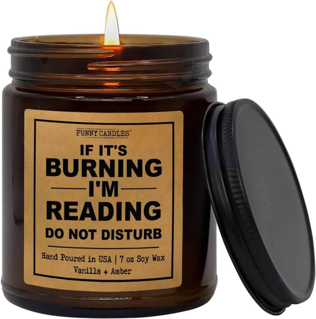 Funny literary candle with organic wax vanilla and amber