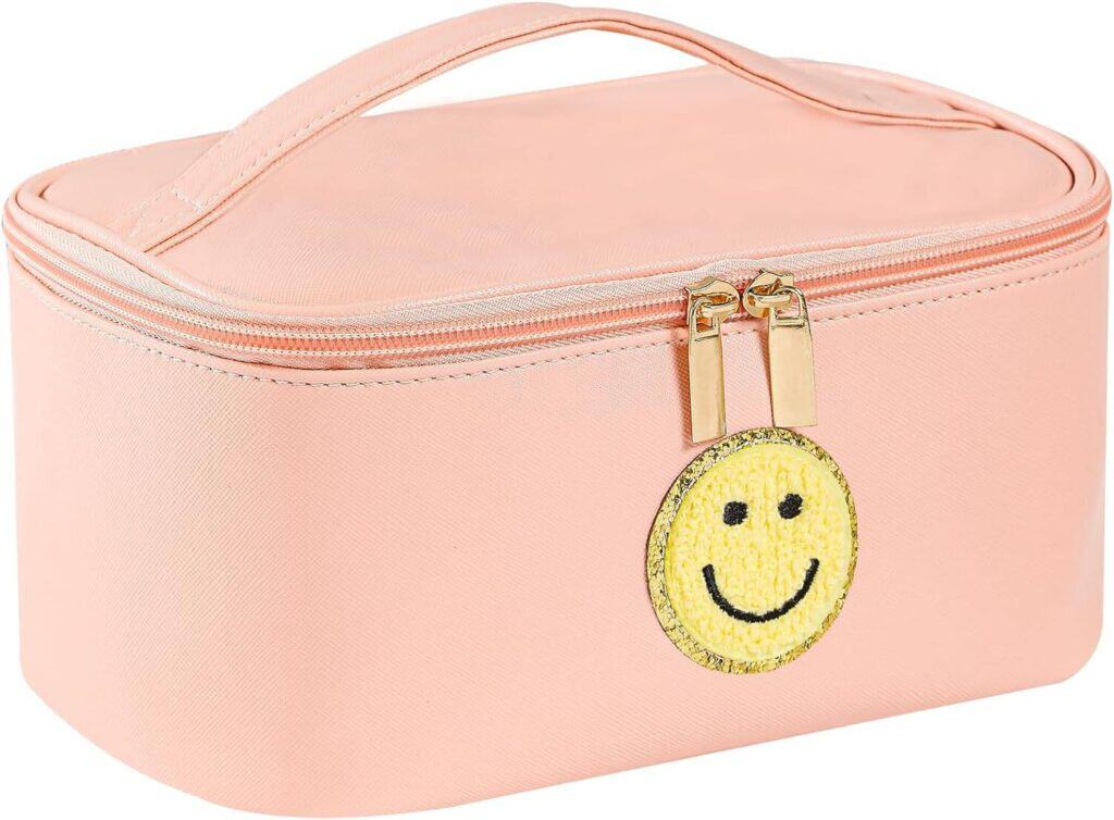 Smiley face peach leather large cosmetic bag for teens