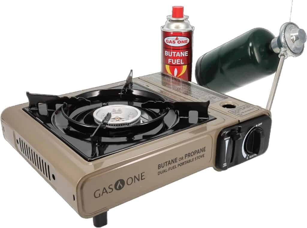 This portable camping stove is compatible With Both Butane (Fuel Not Included) And Propane Fuel (Fuel Not Included), Operates On A Single Butane Cartridge 8 Oz Or A Propane Cylinder 16.4 Oz , Propane Converter Regulator Included. Piezo-Electric Ignition That Eliminates The Use For Lighter/Matches In Order To Ignite Flame, No Need For Lighters Or Matches With This Stove