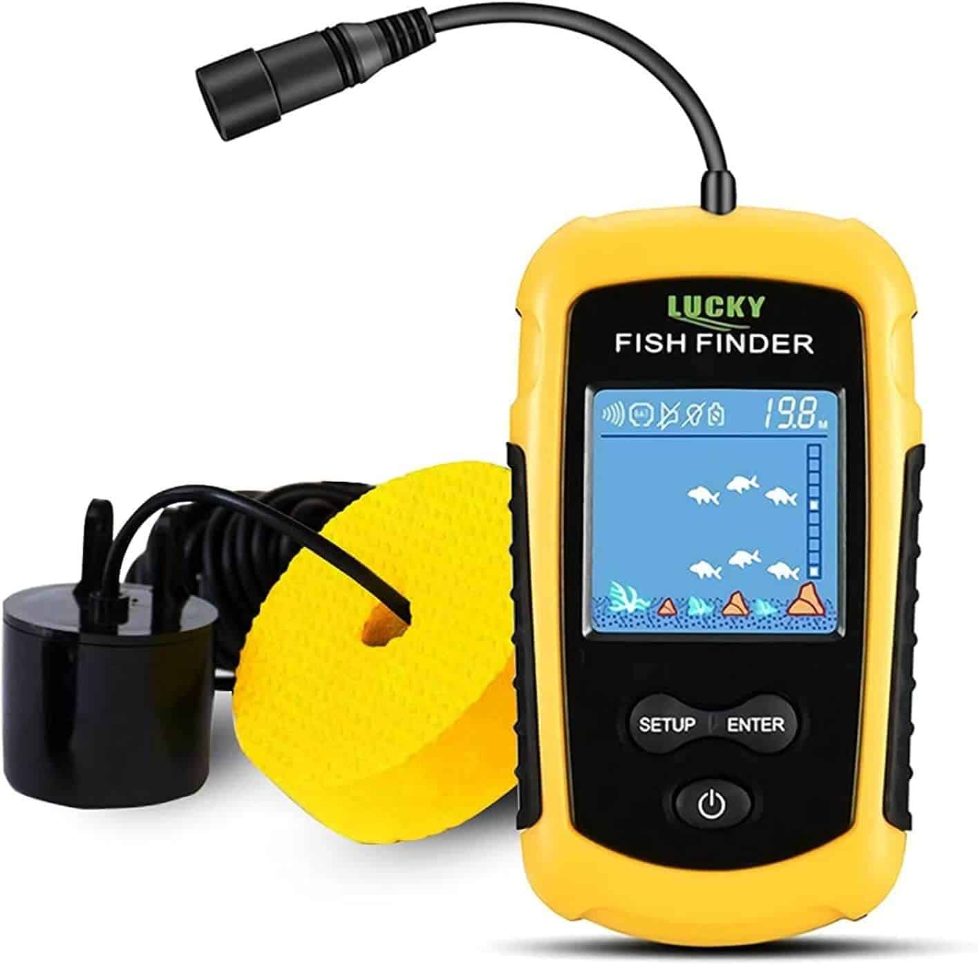 Portable fish finder that displays approximate fish location and water depth. The sonar transducer can be attached to the hull of kayak or boat in order to understand the changing of water depth when you are moving by. The water depth detection range is between 3ft(1m) and 328ft (100m) when the transducer is completely immersed in the water.