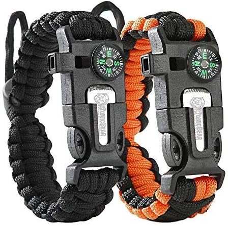 4 camping gear must-haves in one bracelet with the fire starter (striker and ferro rod), compass, loud emergency whistle, and 12 feet of military-grade paracord