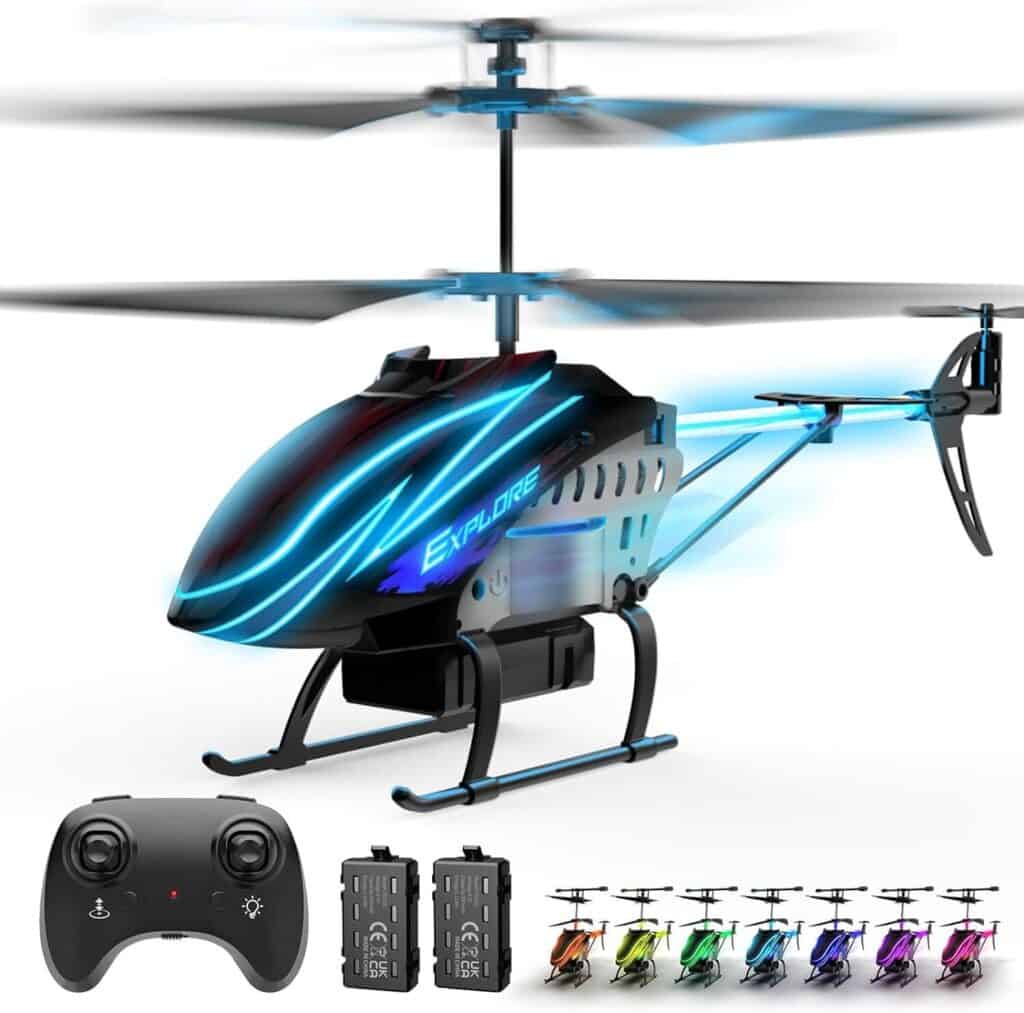 Remote control helicopter perfect as a gift for teen boys. Has color changing lights, Altitude Hold, 3.5 Channel, Gyro Stabilizer, and 30 minute battery