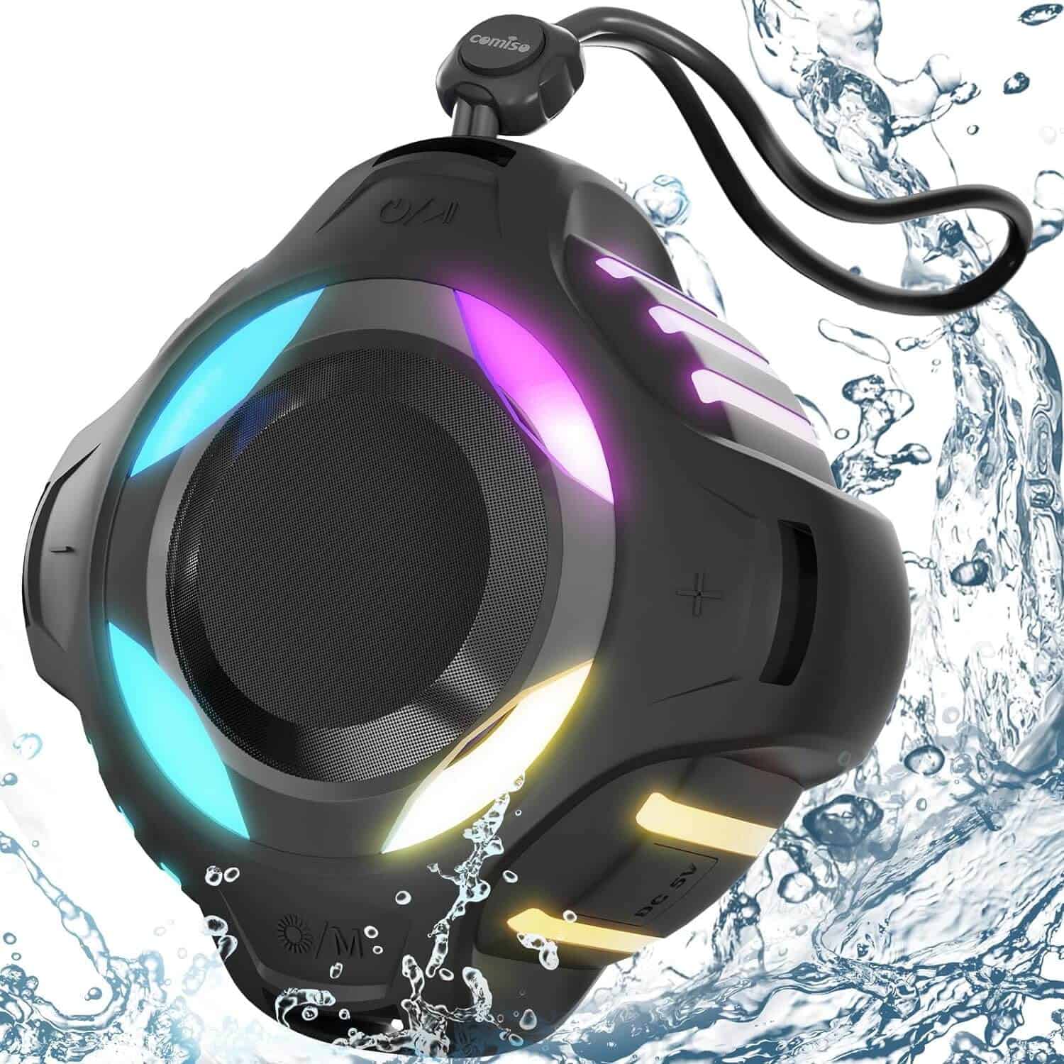Waterproof Bluetooth speaker with superior sound quality and vibrant LED lights for added ambiance.