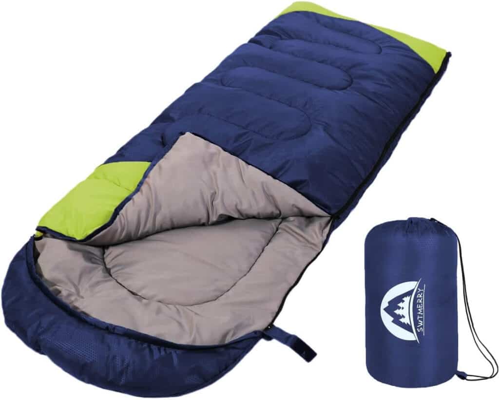 Waterproof, weather-resistant sleeping bag with double-filled technology for warmth in extreme conditions. Rated for 3 seasons with temperatures ranging from 41-77℉(5-25℃), comfort zone 50-68℉(10-20℃). Portable, lightweight, and compact design ideal for backpacking and outdoor adventures.