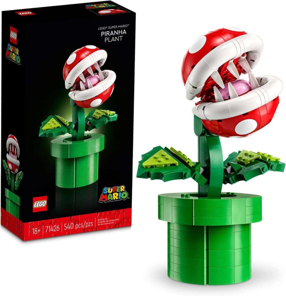 LEGO Super Mario Piranha Plant buildable model. Pose the head, mouth, stalk, and leaves for iconic poses. Includes a brick-built pipe and 2 coins for added playability. Perfect for display and a must-have addition to any Super Mario toy collection.