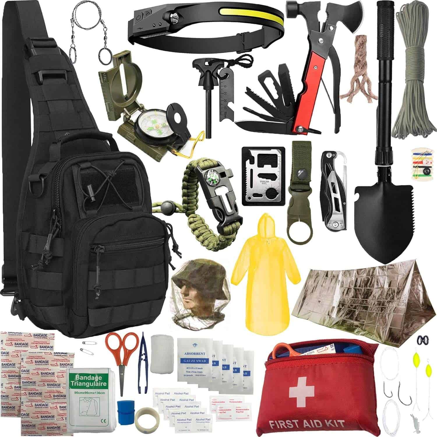 Surviva backpack kit with Oxford fabric, a Multifunction Axe Hammer, Saber Card, Shovel, Survival Bracelet, Foldable Knife, Mini Fishing Kit, Rechargeable LED Headlight, Thick Raincoat, Lensatic US Army Compass, Emergency Shelter, Fire Starter, Bottle Holder Clip, Mosquito Head Net, Parachute Cord, Wire Saw, Foldable Shovel, and a complete First Aid Kit, among other items.
