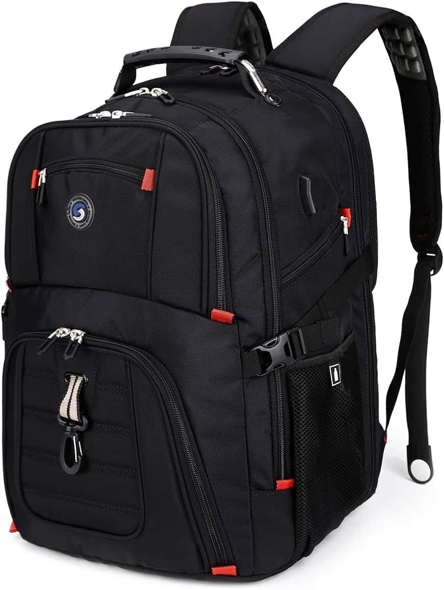 Travel backpack owns 20 independent pockets for large storage and organization for small items. 3 spacious main multi compartments with many hidden pockets can accommodate many items like college supplies, travel accessories, clothes, stationery, notebook, cord organizer, side deep Zipper pocket for Easy access essentials, side Elastic net pockets conveniently hold travel gear umbrellas or water bottles. external USB port with set-in charging cable offers convenient charging your cellphone. A hole for headphone outside gives easy access to Earphone usage.