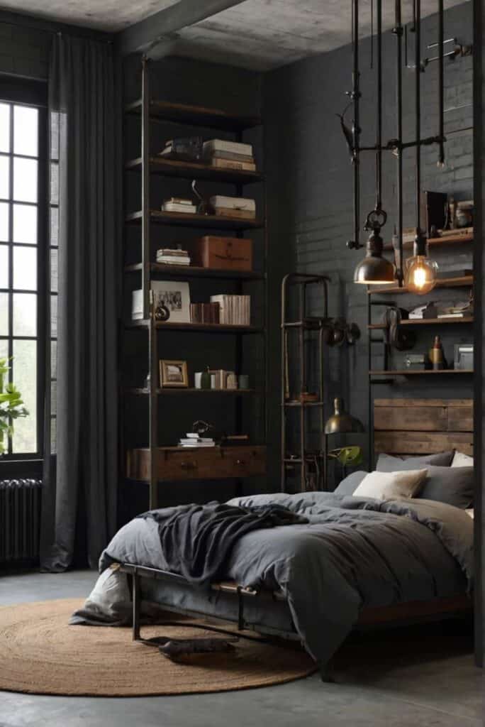 Industrial bedroom decor ideas perfect for a men's master bedroom. Use exposed brick, pipes, Einstein lights, book shelves with exposed piping, and other elements that give signs of natural wear.