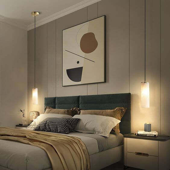 Ambient lighting is wonderful for creating a warm and inviting atmosphere in your space. Instead of only using overhead lights, place ambient lighting around your room to create depth with light and shadow. This could be bedside lamps, wall sconces, a beautiful floor lamp, orb lights, or strip lights placed under the bed or on the baseboards in your room.