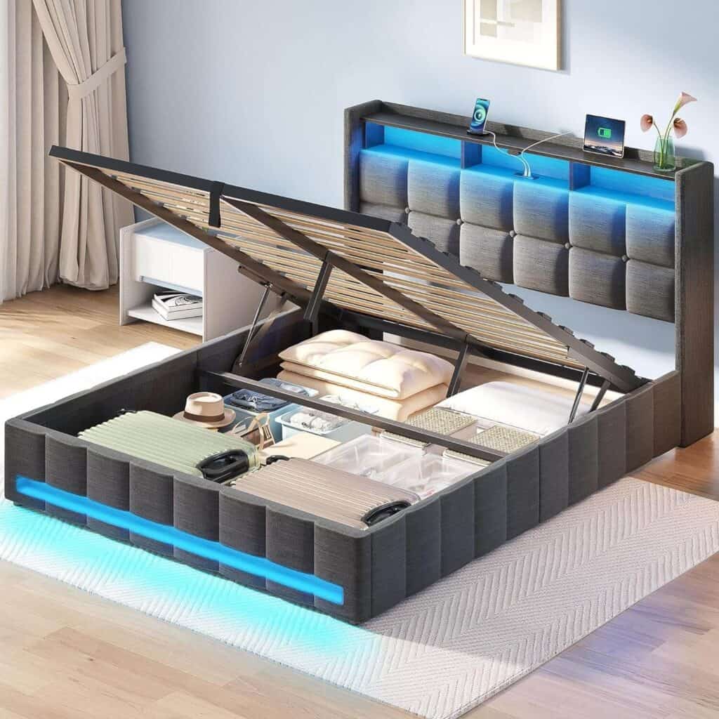 Under-bed storage with bedframe that has LED lights