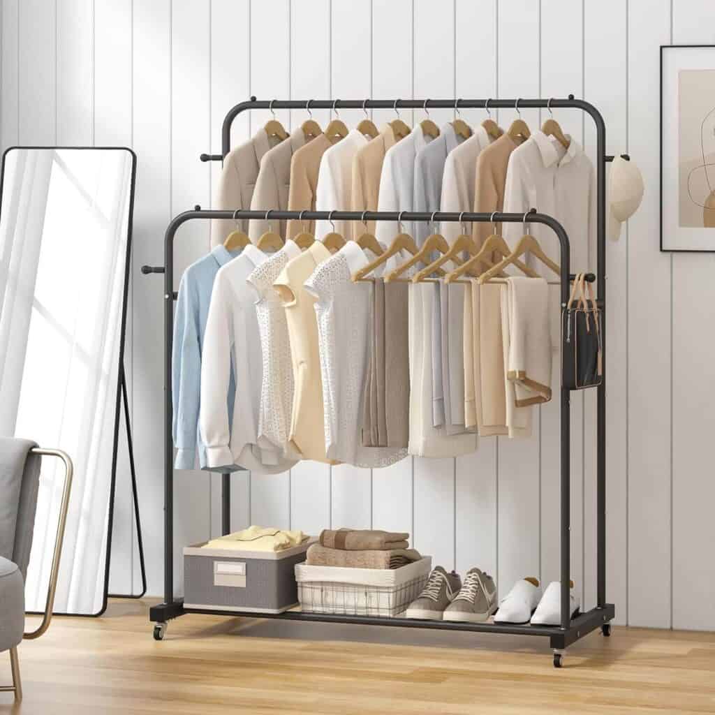Two-tier clothing rack on wheels that is great for small spaces