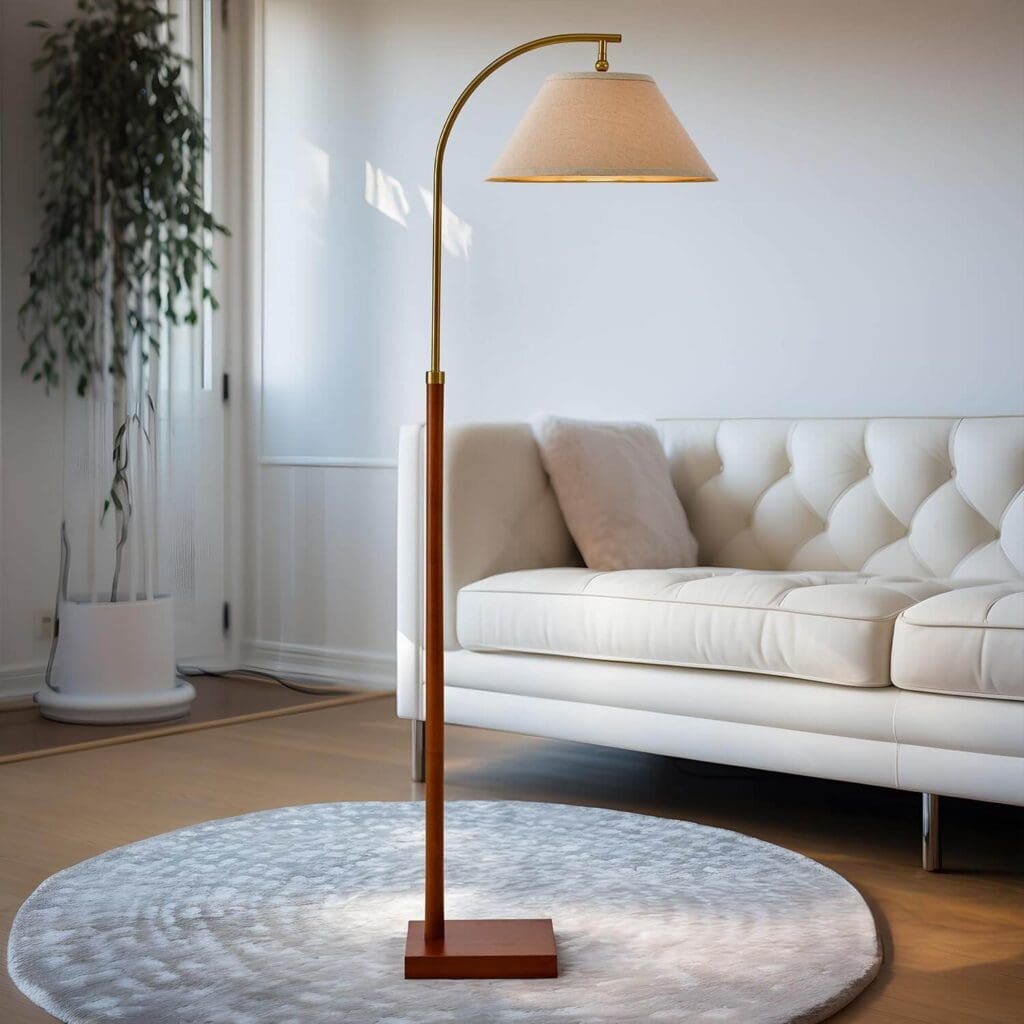 Mid-century modern floor lamp with shade that provides directional lighting.