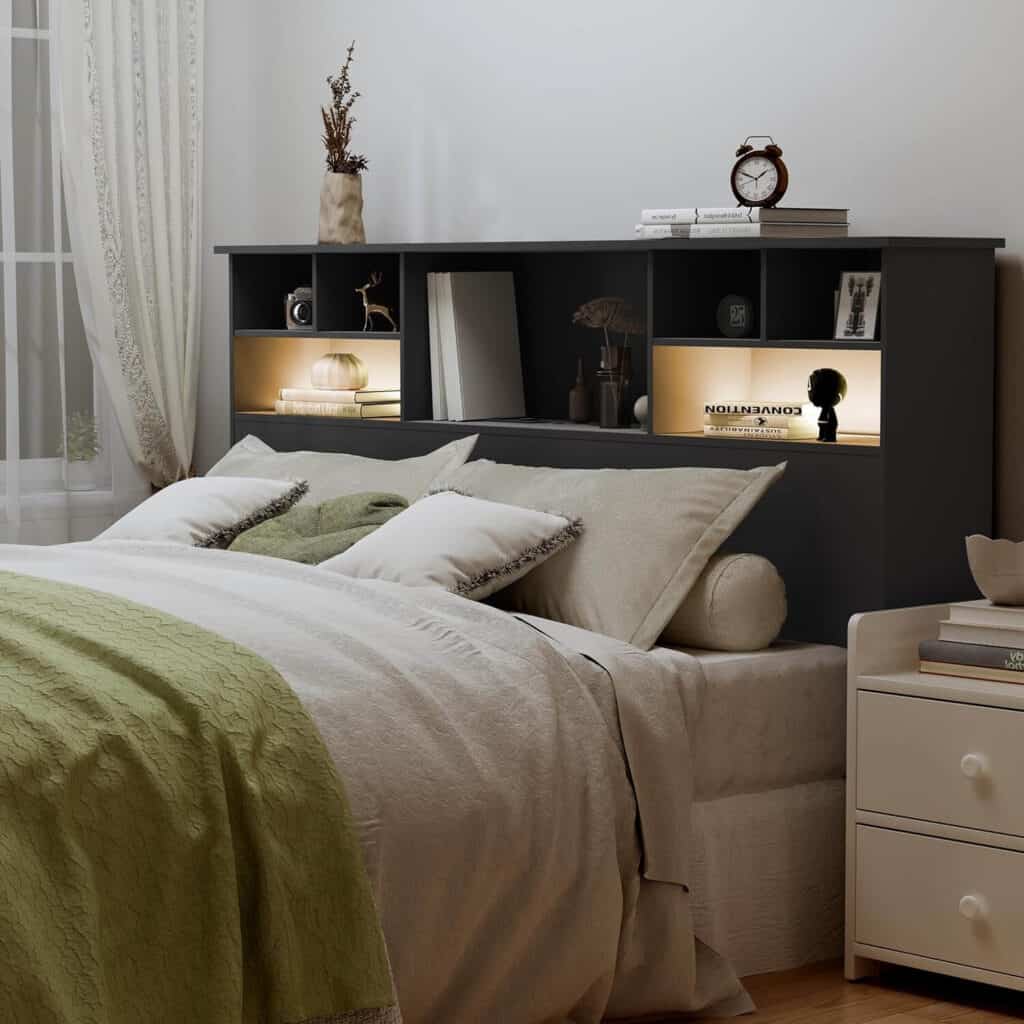 A headboard with storage and LED lights perfect for a man's bedroom