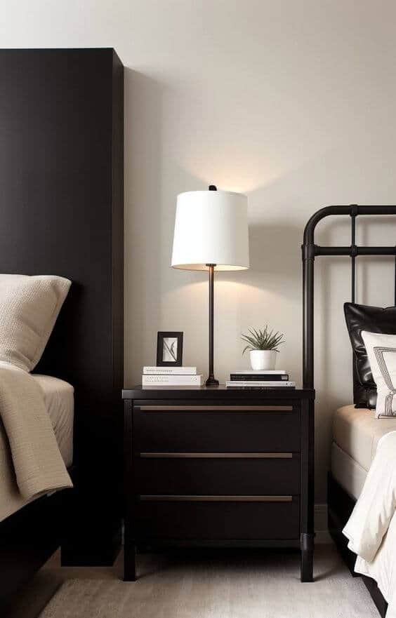 A contemporary nightstand in dark walnut with decor items like a lamp with a classic silhouette, books, small air plants, and photo frames.