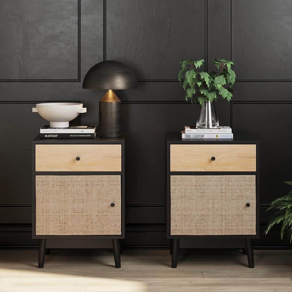 Set of 2 rattan and oak nightstands in masculine shades, perfect for a modern bedroom with organic elements from the rattan and oak.