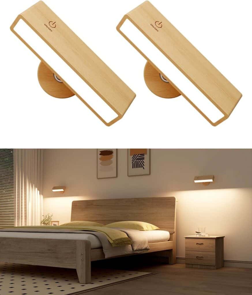 Rechargeable wall sconces for each side of the bed that are easy to install and look chic