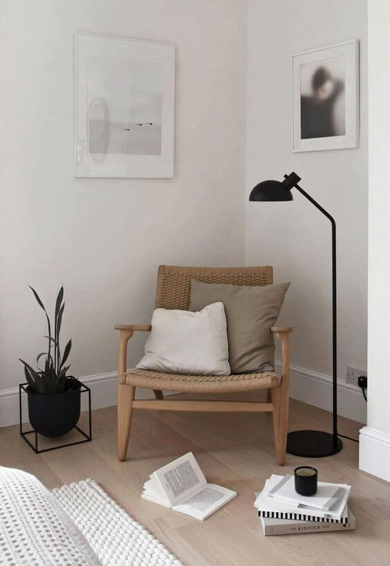 A reading nook with the perfect statement chair. This could be mid-century modern, contemporary, wooden, a sling chair, or an ultra modern cube chair. How you achieve this depends on your personal tastes.