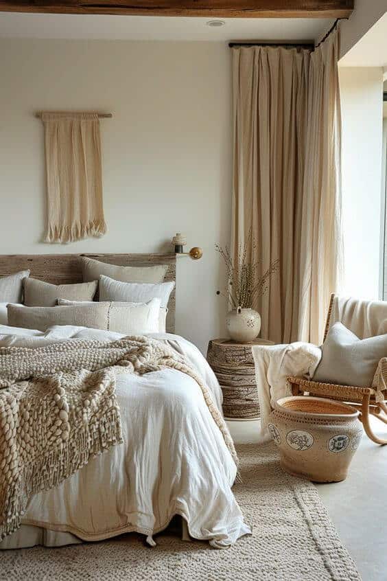 A neutral couples' bedroom that uses netural colors for its color palette. This one is cream, beige, and sand.