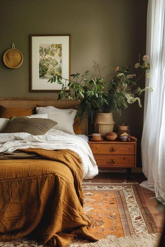 A master bedroom with a green, cream, and amber color palette.