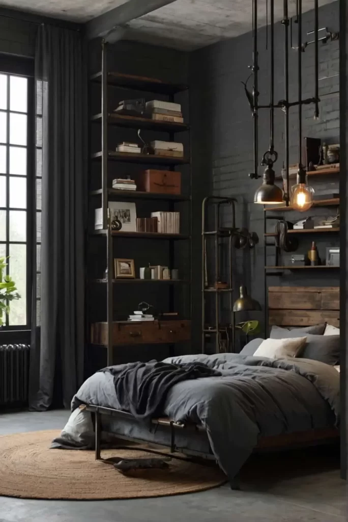 Men's bedroom featuring industrial accents
Warm wood accents in a modern masculine bedroom, creating an inviting and stylish atmosphere.