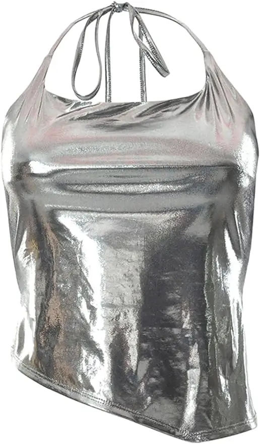 Asymmetrical Shiny metallic tie neck top