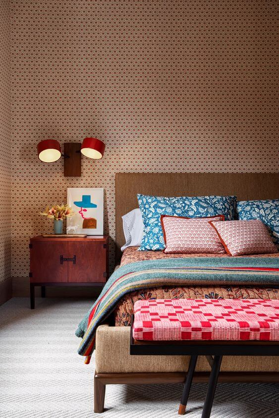 Fun and bright patterned master bedroom for couples'.