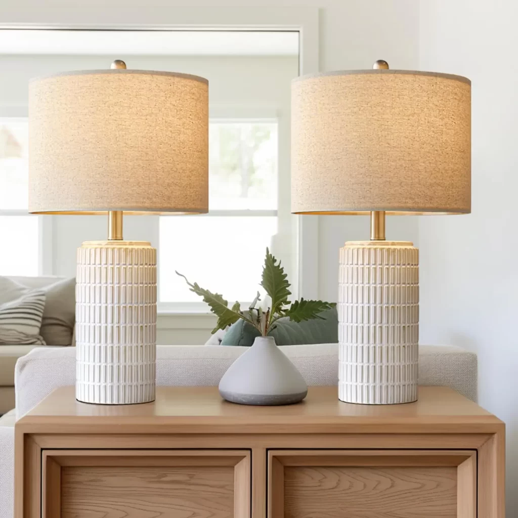 Pair of neutral table lamps for long narrow living room