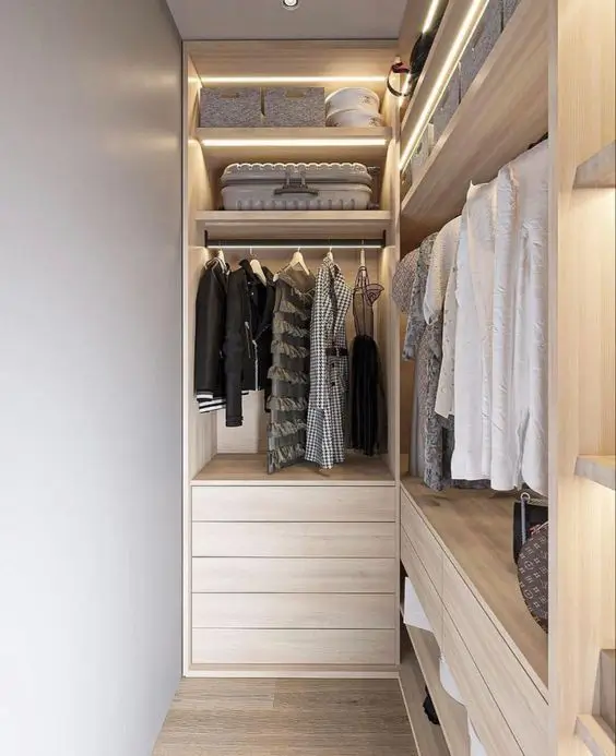 Walk in closet with hanging shirts