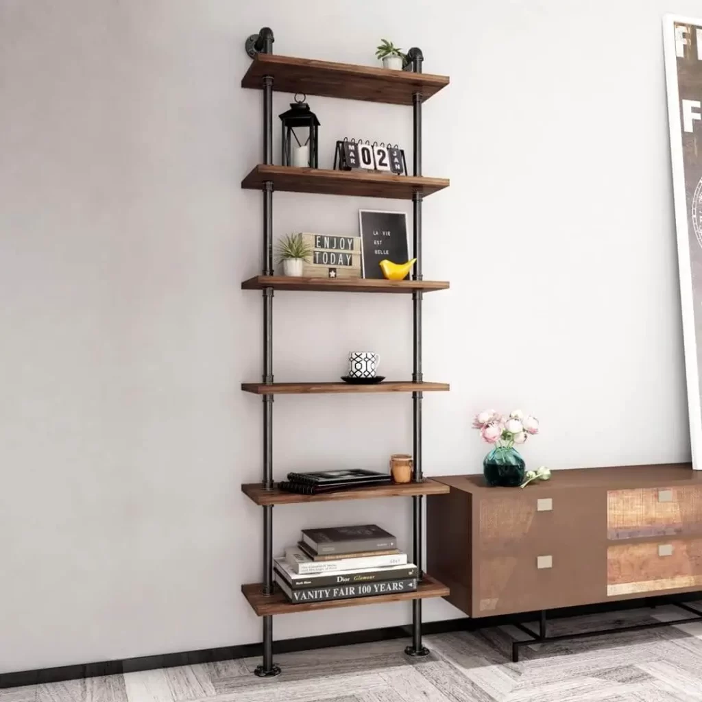 Industrial bookshelf with exposed metal pipes