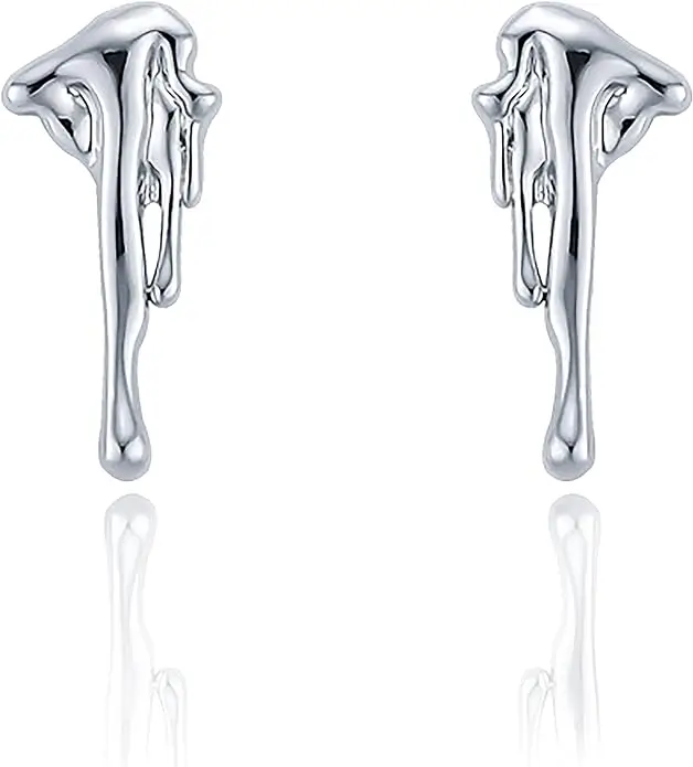 Silver drippy earrings like melted chrome