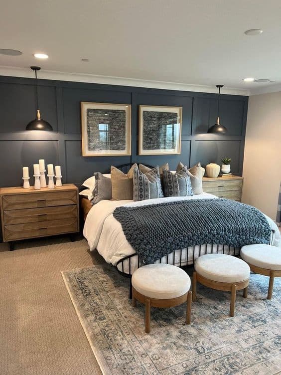 Modern coastal bedroom with textures for warmth and depth. Look for texture in throw pillows, linens, plush blankets, stools, and rugs.