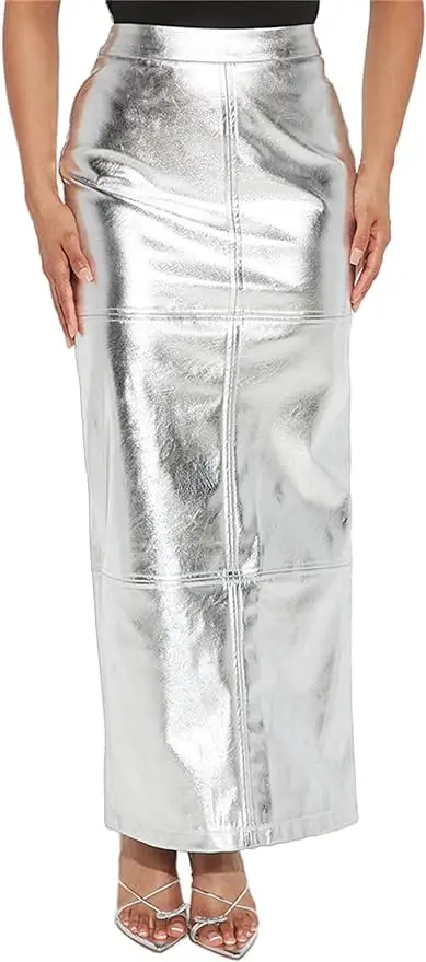 Long silver chrome skirt