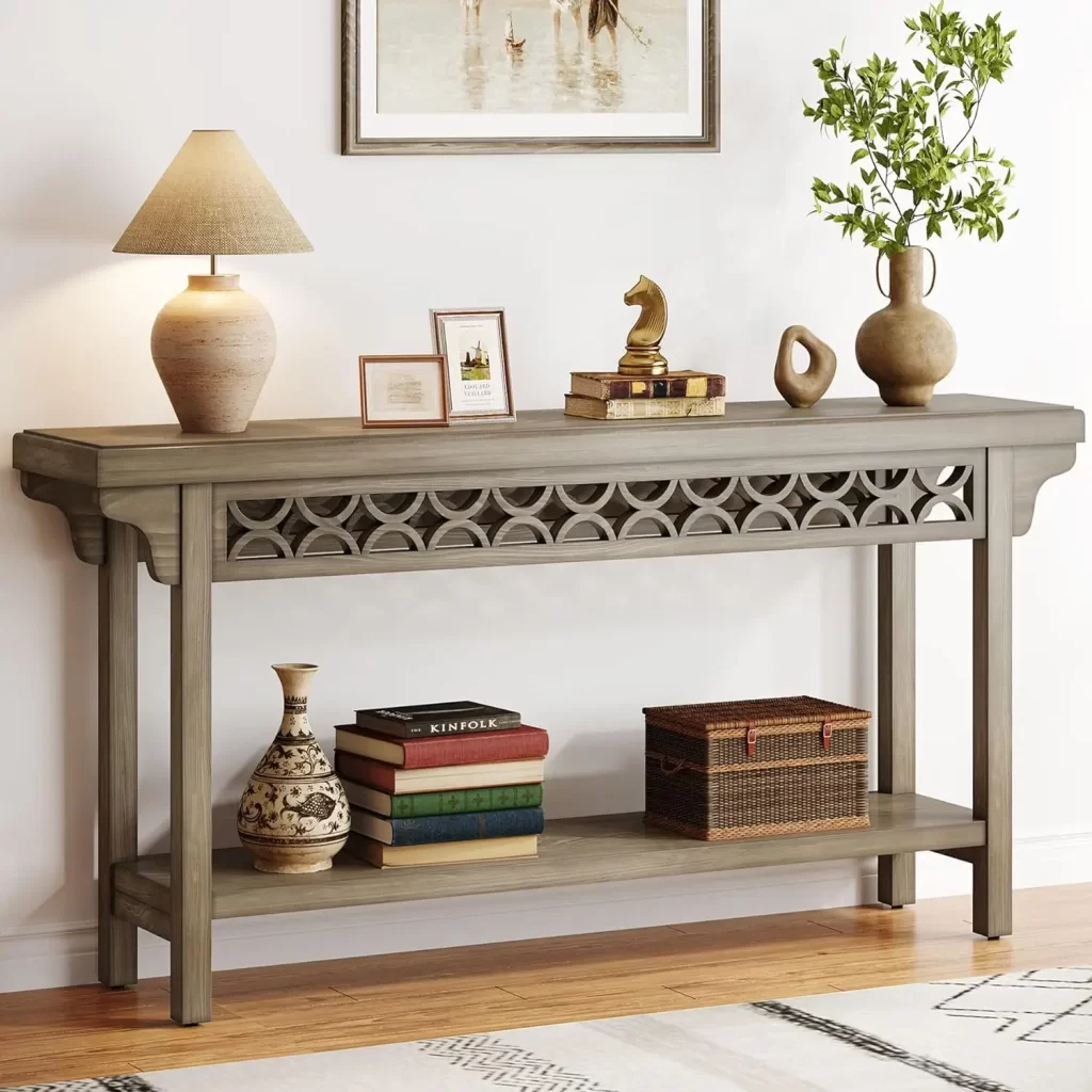 Long farmhouse console table for a large sofa in a narrow living room