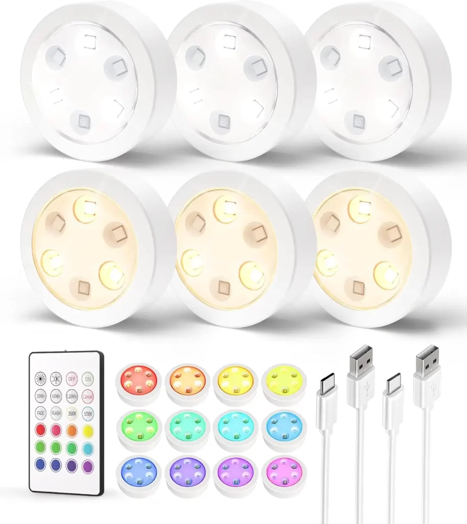 LED puck lights you can easily place around a closet, plus it has a remote