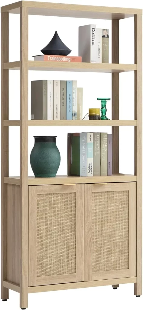 Boho rattan shelves with storage for long narrow living room dining room