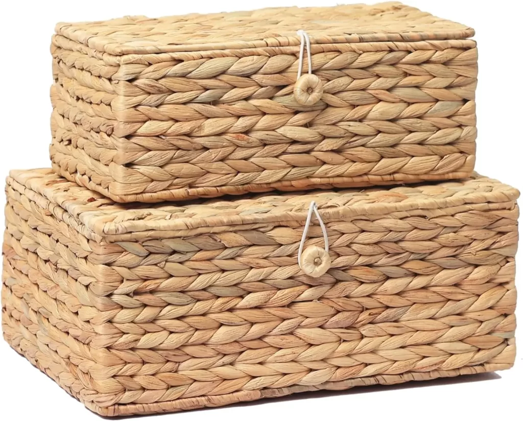 Rattan wicker boxes with attached lids